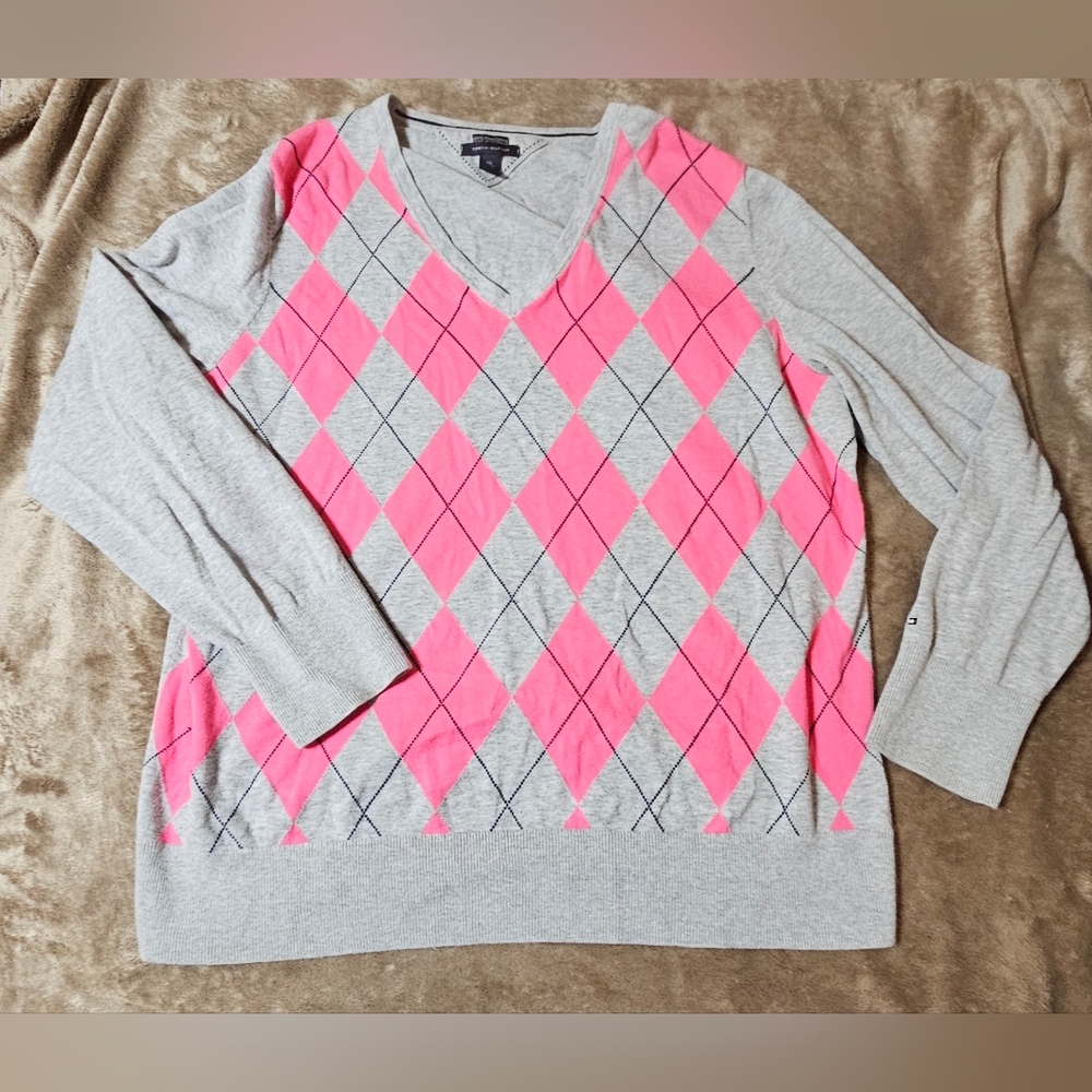 V Neck Tommy Hilfiger Diamond Pink and Grey Sweater
